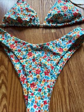 Floral Triangle Bikini Set - Red & Yellow Floral